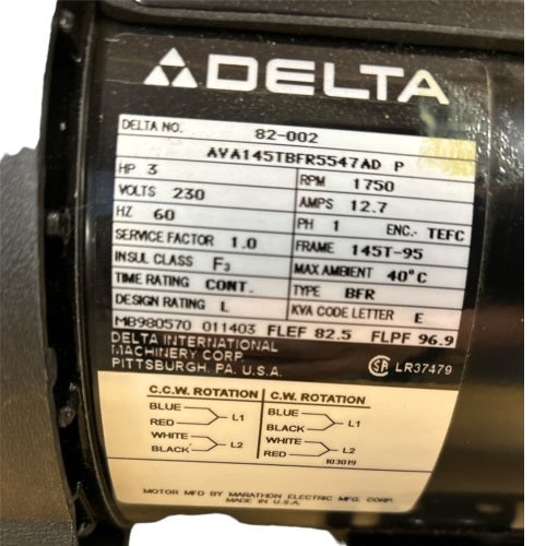 Delta 82-002 Replacement Edge Sander Motor 3HP