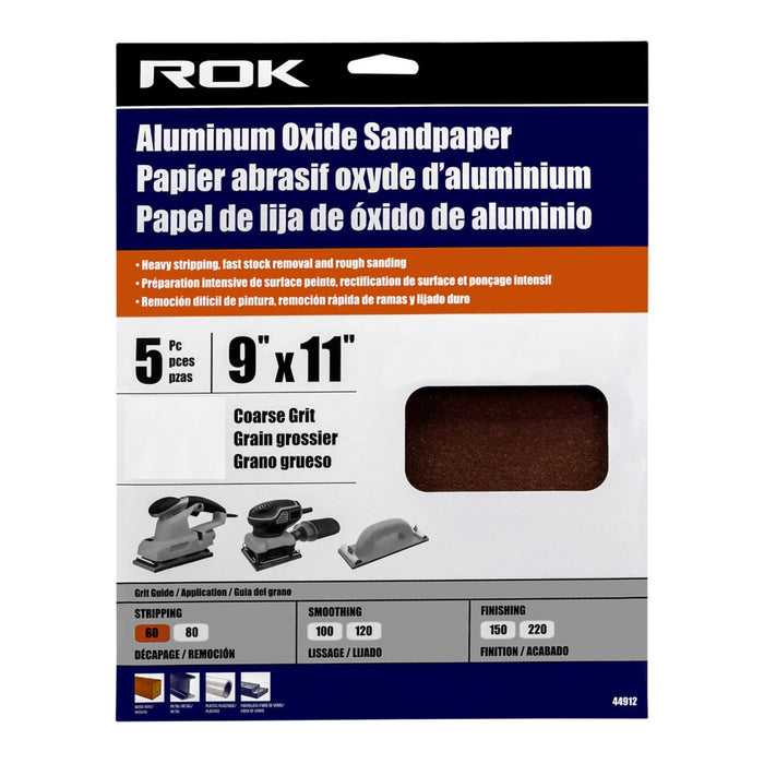 ROK 9" x 11" Abrasive Sanding Sheets 5pk  (Select 60 - 220 Grit)